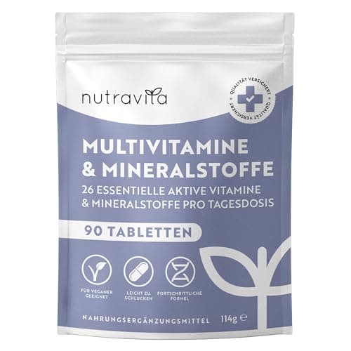 Nutravita Multivitamin & Mineralien – 90 hochdosierte vegane Tabletten (3 Monate) – 26 A-Z Vitamine & Mineralstoffe mit Bioaktiv-Formen – Premium-Rohstoffe – ohne Zusatzstoffe – laborgeprüft Bio Vegan