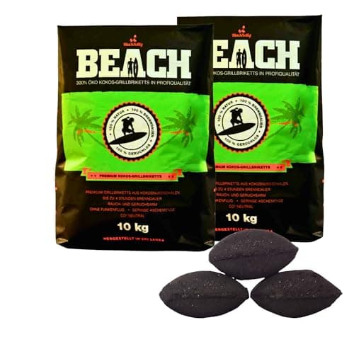 BlackSellig Beach Premium Kokos Grillbriketts – Cocos Holzkohle für Dutch Oven, BBQ & Smoker – Hochwertige Grillkohle & Holzkohlebriketts – Lange Brenndauer & Hohe Hitze (20kg) Öko