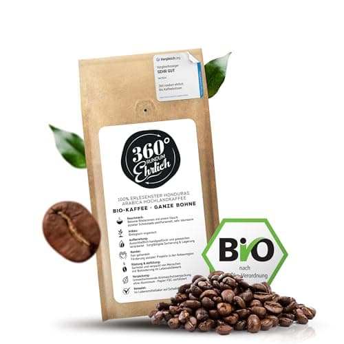 360° Premium Bio Kaffeebohnen 250g, 100% Honduras Hochland Arabica Kaffeebohnen Bio - Köstlich, mild, säurearm - Bio Kaffee ganze Bohnen - Ideal als Kaffeebohnen Vollautomat - 360° Rundum Ehrlich Bio Öko