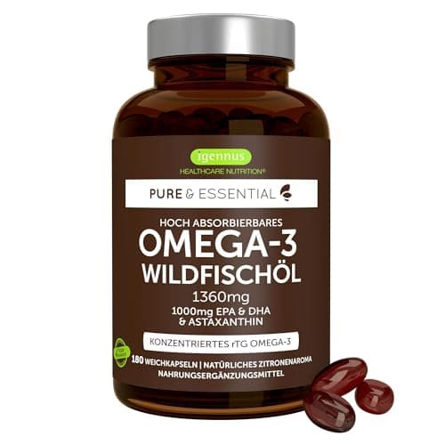 Igennus Hochwertigstes Omega-3 Wildfischöl & Astaxanthin, 180 Weichkapseln, Triglyceridform rTG, 1360mg, EPA 670 mg & DHA 330mg Omega-3 Fettsäuren, ultra rein; frei von Umweltgiften, Zitronengeschmack Öko