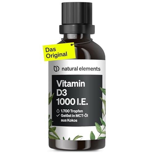 natural elements Vitamin D3 Tropfen – 1000 I.E. pro Tagesdosis (1 Tropfen) – Langzeitvorrat mit 50 ml – für beste Bioverfügbarkeit in MCT-Kokosöl gelöst – flüssig, hochdosiert, vegetarisch Bio Öko