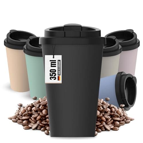 Thermobecher Kaffee to go aus Bio-Kunststoff - Kaffeebecher 350 ml BPA-frei & 100% recyclebar - Made in Germany Trinkbecher mit Deckel - Coffee Mug fürs Büro, Auto, Schule uvm. (Schiefer) Bio Öko