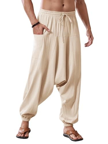 Runcati Herren Baumwolle Haremshosen Baggy Hippie Casual Leinen Yoga Hose Strand Tief Schritt Trouser Khaki M Öko