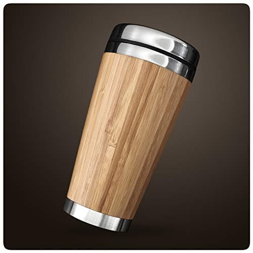 PRECORN Coffee to go Becher aus Edelstahl in edlem Design umweltfreundlich stylischer Bambus Kaffeebecher 450 ml doppelwandig Öko