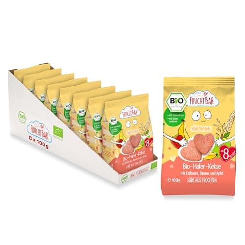 FruchtBar Bio Hafer Kekse mit Erdbeere, Banane und Apfel, 8er Pack zuckerfreier Kinder-Snack, für Babys ab 8 Monaten & Kinder, 8x100g Bio