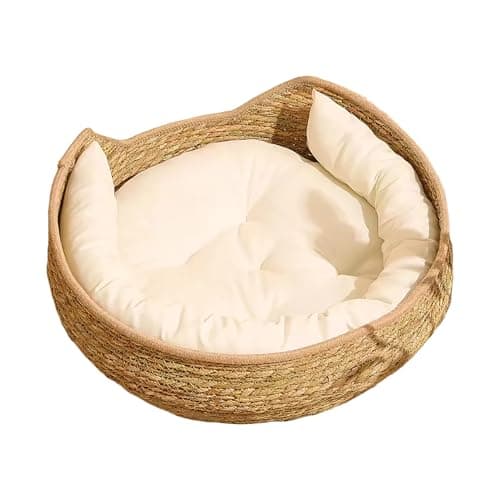 Rattan Katzenbett, 35cm Rund Katzenkorb, Handgefertigter Rattankorb Mit Baumwolle Kissen Plüsch, Für Alle Jahreszeiten