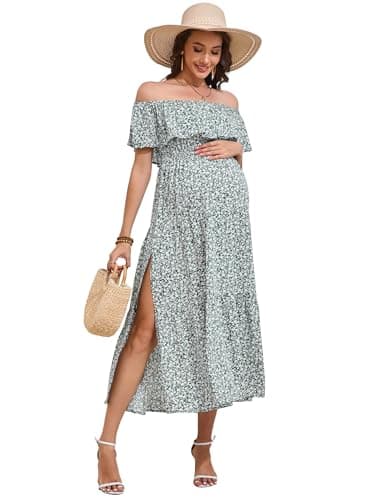 KOJOOIN Umstandskleid Damen Sommer Elegant Schwangerschaftskleid mit Schulterfreiheit Rüschen Umstandsmode Midi Stillkleid Dunkelgrün M