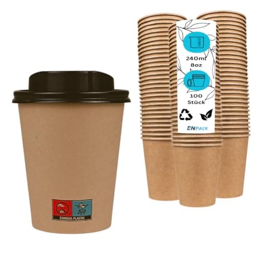 Enpack 100 Kaffeebecher braun mit Deckel 80mm - einweg kaffeetassen mit 200ml/8oz Füllmenge - Hitzebeständige to Go Becher - Recycelbare cafe to go becher für Kaffee/Tee/Kakao -Kraftpapier