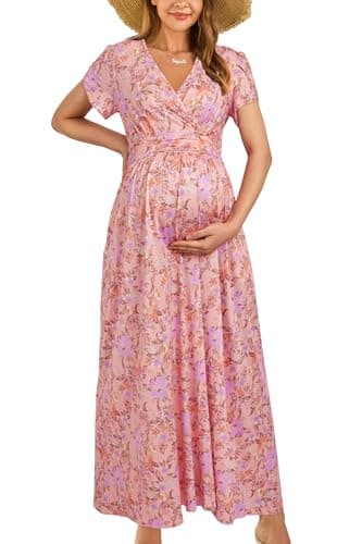 OUGES Damen Maxi Umstandskleider Lang Sommer Stillkleid V-Ausschnitt Kleider für Schwangere Lässiges Umstandsmode-L