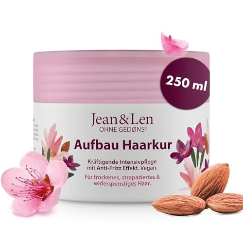 Jean & Len Aufbau Haarkur Mandel & Keratin, für stark strukturgeschädigtes Haar, repariert & reduziert Spliss sowie Haarbruch, glättet die Haarstruktur, Haarkur ohne Parabene & Silikone, vegan, 250 ml Öko Vegan