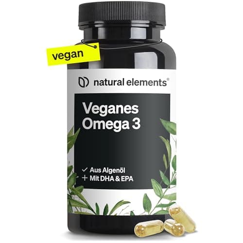 natural elements Omega 3 vegan aus Algenöl - 90 Kapseln - Hochdosiert mit hochwertigem EPA und DHA (in Triglycerid-Form) - Omega-3 für Veganer, Laborgeprüft, nachhaltig und von Natur aus schadstoffarm Öko Vegan