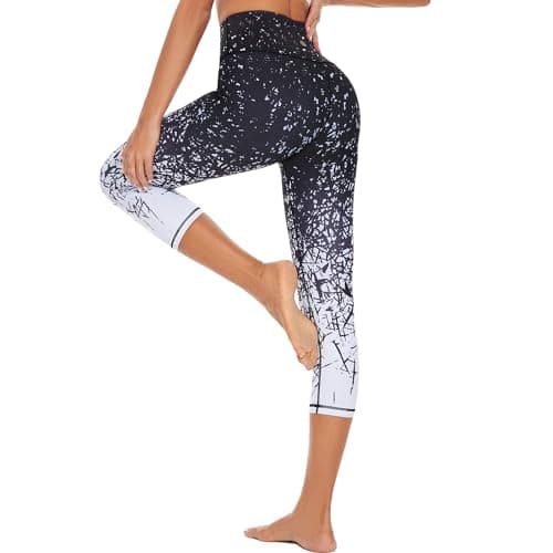HAPYWER Yoga Leggings Damen High Waist Yogahose Bunt Gym Sport Leggings Tummy Control Running Workout - Stretch Kompressionshose mit Aufdruck für Frauen(7/8 Bambusblatt,XL)