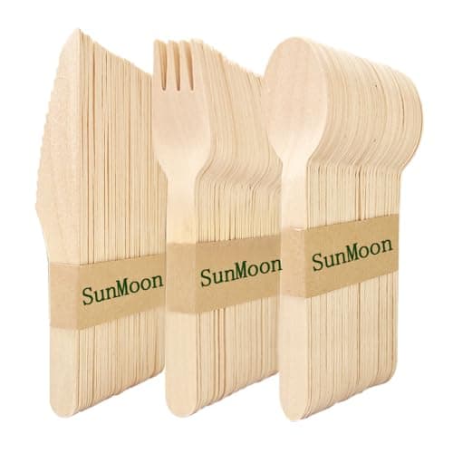 150 Pack Wegwerf-hölzernes Besteck-Set, umweltfreundliche 50 Löffel 50 Gabeln 50 Messer, Plastikfreie Verpackung, Ersatz für Kunststoff und Bambus Besteck, Wegwerfbesteck für Parteien, Reisen - Bio - Öko