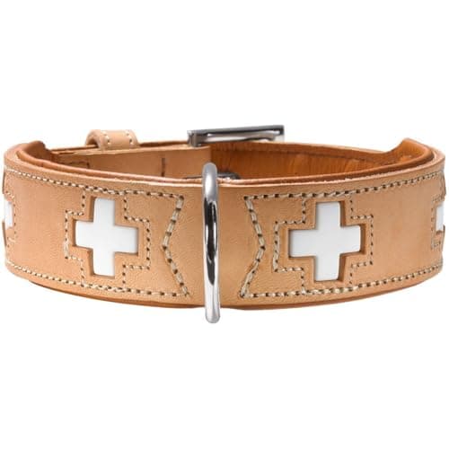 HUNTER Hundehalsband SWISS, Farbe: natur/beige, hochwertiges Rindsleder, handgenäht, schweizer Kreuz, elegantes Design, angenehm weich, komfortabel, langlebig, Made in Germany, Größe: 37