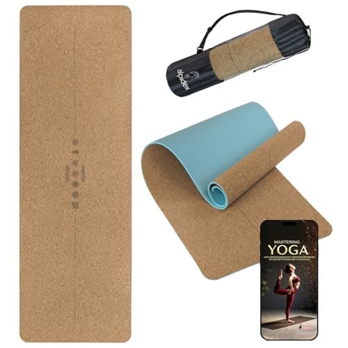 ALPIDEX Kork Yogamatte 183 x 61 x 0.6 cm E-Book Fitness Pilates Matte Schadstofffrei rutschfest Tragetasche Hilfslinien Natürlicher Kork Yoga Mat, Mint Öko