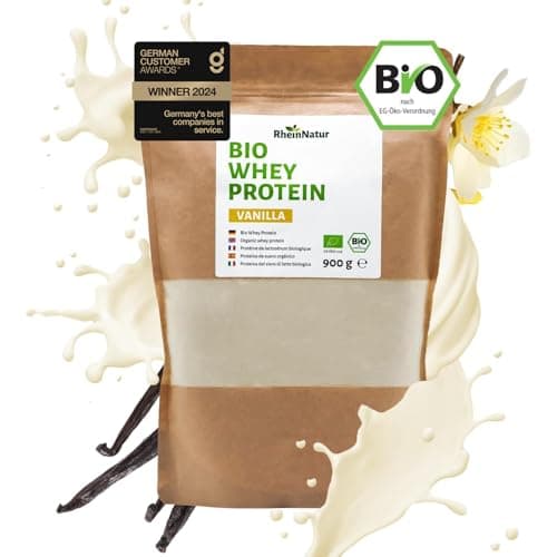 RheinNatur Bio Whey Protein-Pulver Vanille 900 g - Eiweißpulver mit natürlichem Aroma & ohne Soja - 100% Bio Molke-Protein für Proteinshakes Bio Öko