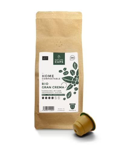 NATURE CUPS Bio Kaffee-Kapseln, kompostierbar, Nespresso-kompatibel, dunkle Trommel-Röstung, kräftiger Geschmack, Gran Crema, 35 Kapseln