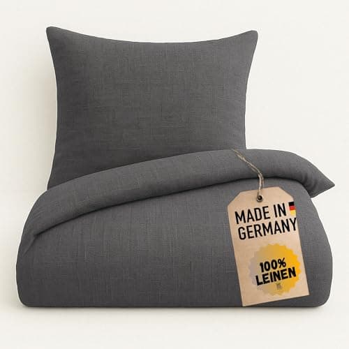 chambry Premium Bettwäsche 100 % Leinen - handgefertigt in Deutschland - atmungsaktiv temperaturausgleichend bügelfrei - Bettbezug 135x200cm + Kissenbezug 80x80cm - Anthrazit Öko