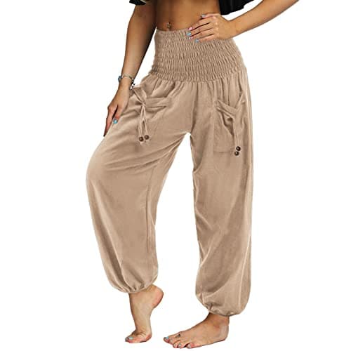 Nuofengkudu Herren Hippie High Waist Haremshose Leicht Pumphose Harem Hosen Locker Schlicht Baggy Boho Viskose Pluderhose Yoga Pants Sommerhose Freizeithose Pyjamahose Thaihose Homewear Aprikose XL