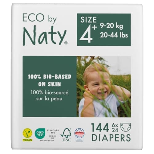 Eco by Naty Baby Öko Windeln - umweltfreundliche Premium-Bio Windeln aus pflanzenbasierten Materialien, ideal für empfindliche Babyhaut (Größe 4+ - 144 Stück) - MONATSBOX Bio Öko Vegan
