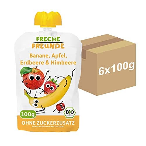 FRECHE FREUNDE Bio Quetschie Banane, Apfel, Erdbeere & Himbeere, Fruchtmus mit Obst im Quetschbeutel für Babys ab dem 6. Monat, vegan, 6er Pack (6 x 100g) Bio Vegan
