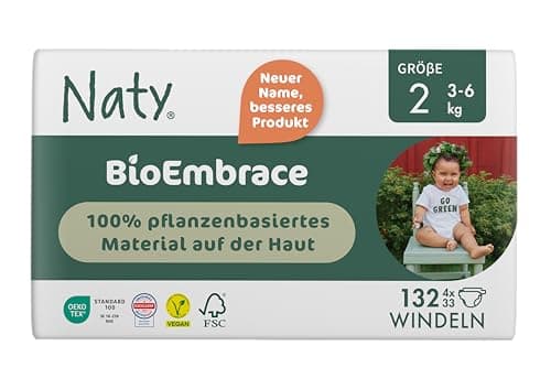Naty BioEmbrace Neugeborenen Baby Windeln Größe 2 (3–6 kg) | 100% pflanzenbasierte Materialien auf der Haut | Atmungsaktive Weichheit, dermatologisch getestet, exzellente Saugkraft | 132 Stück Bio Öko Vegan