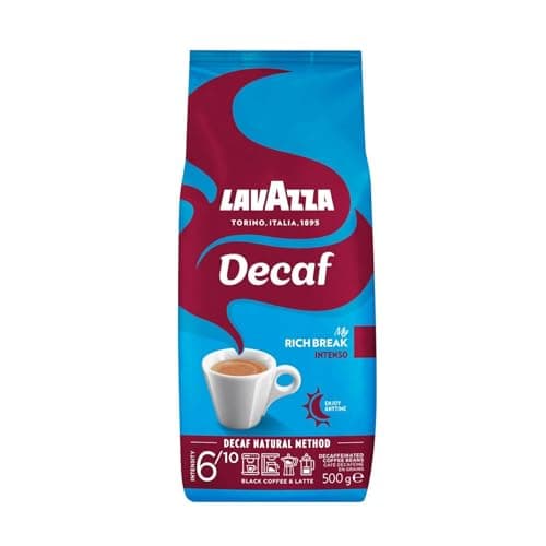 Lavazza, Decaf „My Rich Break“ Intenso, Entkoffeinierte Kaffeebohnen, Ideal für Cappuccino, mit Aroma Noten von Tabak und Holz, Arabica und Robusta, Intensität 6/10, Mittel-Dunkel Röstgrad, 500 g Öko