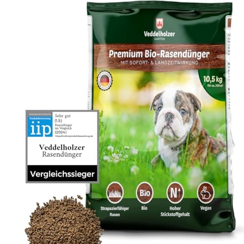 VERGLEICHSSIEGER 2021 Veddelholzer Bio Rasendünger 3 Monaten Langzeitwirkung hohem Stickstoffgehalt für Frühjahr & Sommer, staubarmes Granulat, unbedenklich für Haustiere Langzeitdünger Rasen Dünger Bio Öko Vegan