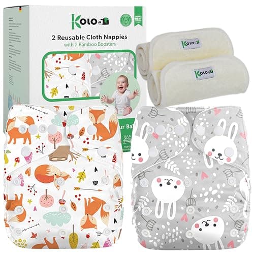 Kolo – 2 wiederverwendbare Windeln für Babys & Neugeborene + 2 Bambuseinlagen | Waschbare, einstellbare Stoffwindeln, unisex | 100 % umweltfreundlich | Design Foxes&Rabbits Öko