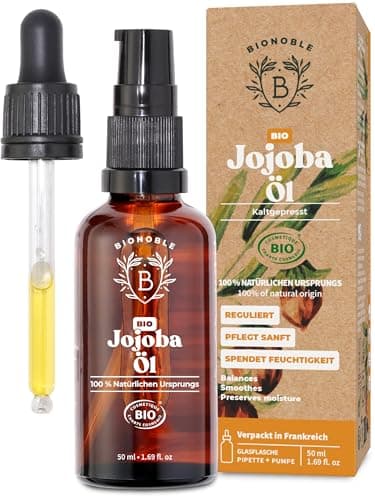 BIONOBLE Jojobaöl Bio Kaltgepresst 100% Rein - Reguliert Sebum, Pflegt Sanft, Anti-Pickel - Jojobaöl Haare, Gesicht, Körper, Nägel - Hexanfrei, Vegan Jojoba Oil - Glasflasche, Pipette, Pumpe - 50ml Bio Öko Vegan