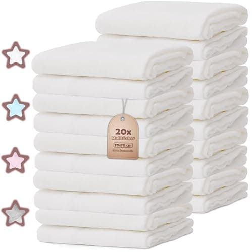 NatureMark 20er-Pack Mulltücher für Babys – 100% Baumwolle – Premium Babymulltücher, vielseitig verwendbare Spucktücher, Stoffwindeln, Pucktücher, Wickelunterlagen & Babypflegetücher, 70x70 cm Weiß