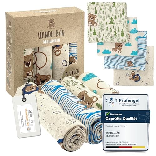 Windelbär Mullwindeln 4er Set – saugstarke & weiche Spucktücher für Babys (80x57 cm), 100% Bio Musselin-Baumwolle, Mulltuch, ÖKOTEX & FSC zertifiziert, Baby Erstausstattung Bio Öko