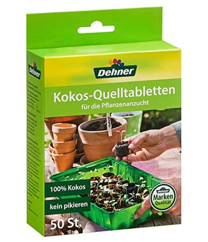 Dehner Kokos-Quelltabletten | Kokoserde Quelltabs, Aussaaterde Quelltopf, Torffreie Anzuchterde | biologisch abbaubar | Anzucht von Stecklingen, Sämlingen und Saaten | gedüngt | Ø 38 mm | 50 Stück Bio