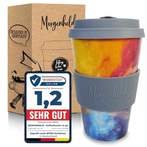 Morgenheld Coffee-to-go Becher "HeyHoli" 380ml | Porzellan Kaffeebecher mit Silikondeckel, BPA-frei, nachhaltiger Trinkbecher mit Deckel, plastikfrei verpackt | Perfekt für Kaffee, Tee & unterwegs Öko