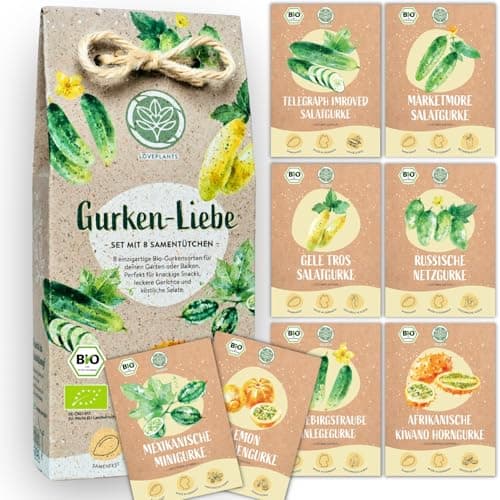 Bio Gurken Samen Set – 8 Sorten samenfeste, Freiland geeignete Bio Gurkensamen – mit extra viel Gurken Saatgut für deinen Balkon, Beet oder Garten. Snackgurken, Minigurken und Salatgurken Samen. Bio Öko