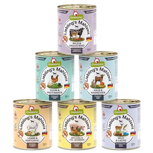 GranataPet Liebling's Mahlzeit Multipack 1, Nassfutter für Hunde im Probierpaket, Alleinfuttermittel ohne Getreide, Hundefutter mit hohem Fleischanteil & hochwertigen Ölen, 6 x 800 g