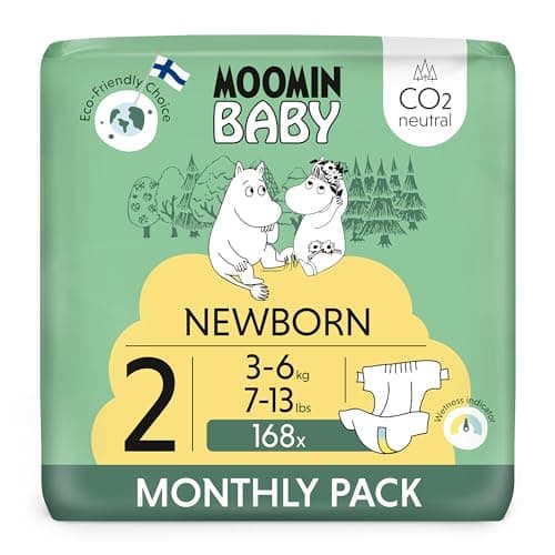 Moomin Baby Neugeboren Öko Windeln Größe 2, 3-6 kg 168 Stück Monatsbox, Weiche Premium Windeln mit Nässeindikator | Weich und hautfreundlich, Keine unnötigen Chemikalien |