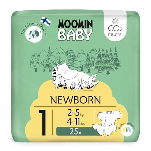Moomin Baby Neugeboren Öko Windeln Größe 1, 2-5 kg 25 Stück, Weiche Premium Windeln mit Nässeindikator | Weich und hautfreundlich, Atmungsaktiv, Saugfähig, Keine unnötigen Chemikalien | Bio Öko