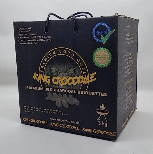King Crocodile Kokosnuss Kohle mit Langer Brenndauer I Eierkohlen I Grillkohle I wenig Asche I geringe Rauchentwicklung I Nachhaltige Naturkohle I Grillkohle in Profi Qualität I 3 kg Öko