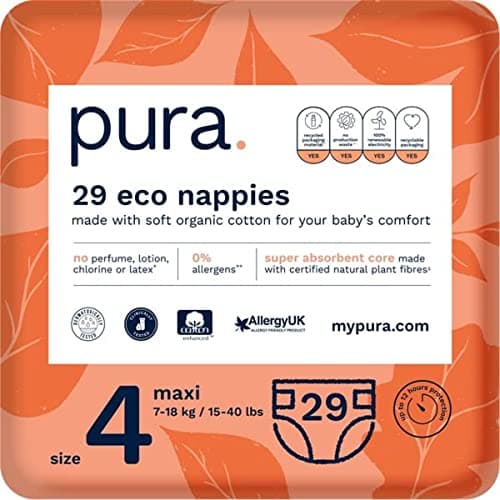 Pura Öko-Windeln Größe 4 (Maxi 7-18 kg), 29 Windeln (1 Packung), mit EU Ecolabel Zertifiziert, für Empfindliche Haut, aus Bio-Baumwolle, Geruchsfrei, Hypoallergen, 12 Stunden Auslaufschutz Bio Öko