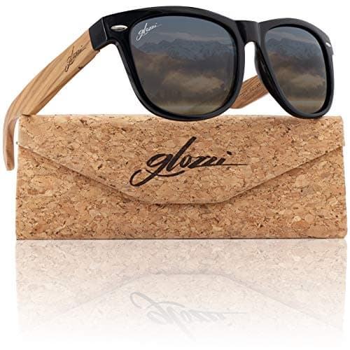 glozzi Sonnenbrille Herren und Damen Holz Polarisiert und Entspiegelt UV400 Schwarz mit Holzbügeln aus Zebrano und Brillenetui aus Kork