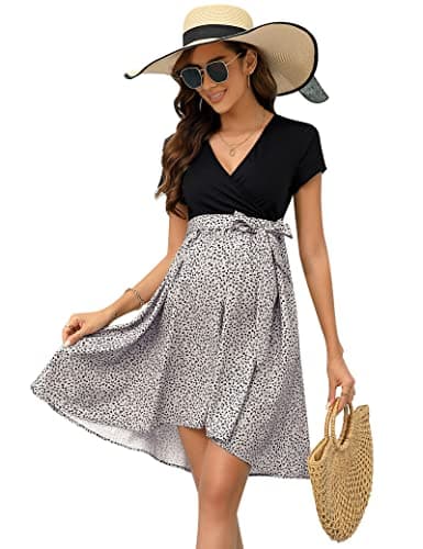 KOJOOIN Damen Umstandskleid V Ausschnitt Stillkleid Knielang Hohe Taille Schwangerschaftskleid mit Kurzarm Brauner Leopard M