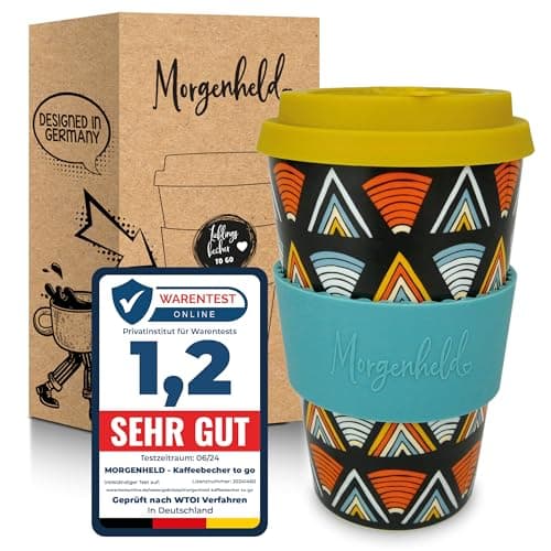 Morgenheld Coffee-to-go Becher "Ethno" 380ml | Porzellan Kaffeebecher mit Silikondeckel, BPA-frei, nachhaltiger Trinkbecher mit Deckel, plastikfrei verpackt | Perfekt für Kaffee, Tee & unterwegs Öko