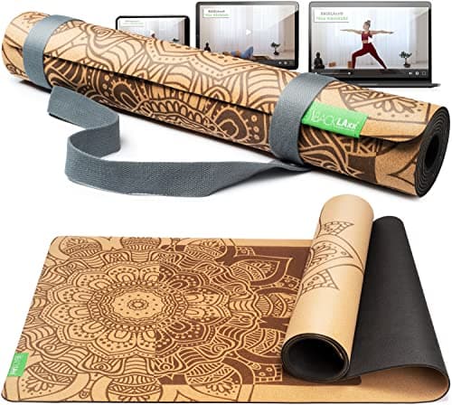 BACKLAXX ® Yogamatte Kork mit Naturkautschuk - FAZ Testsieger 10/2025 - Yoga Matte nachhaltig, schadstofffrei, Yogamatte rutschfest, Fitnessmatte mit Anti-Rutsch-Zonen inkl. Tragegurt, Turnmatte Öko