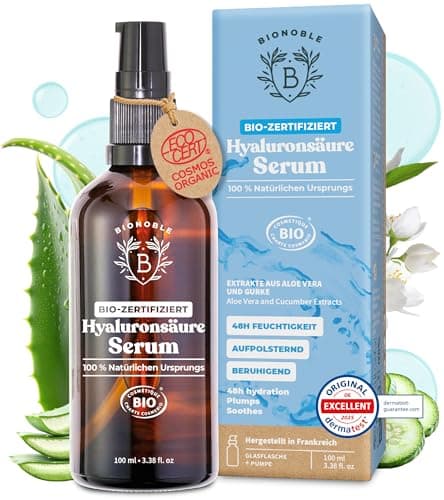 BIONOBLE Hyaluron Serum hochdosiert BIO-zertifiziert - Anti Aging & Anti Falten - 100% natürlichen Ursprungs mit Aloe Vera - Glasflasche mit Pumpe - Hyaluronic Acid Serum Gesicht - 100 ml Bio Öko Vegan