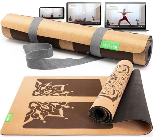 BACKLAXX ® Yogamatte Kork mit Naturkautschuk - FAZ Testsieger 10/2025 - Yoga Matte nachhaltig, schadstofffrei, Yogamatte rutschfest, Fitnessmatte mit Anti-Rutsch-Zonen inkl. Tragegurt, Turnmatte Öko