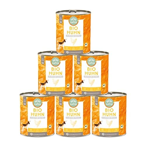 naftie Bio Hundefutter 100% Bio-Huhn - Reinfleisch Huhn pur - Hunde-Nassfutter zum Mischen - glutenfrei, getreidefrei - Sparpaket 6X 800g Dosen Bio Öko