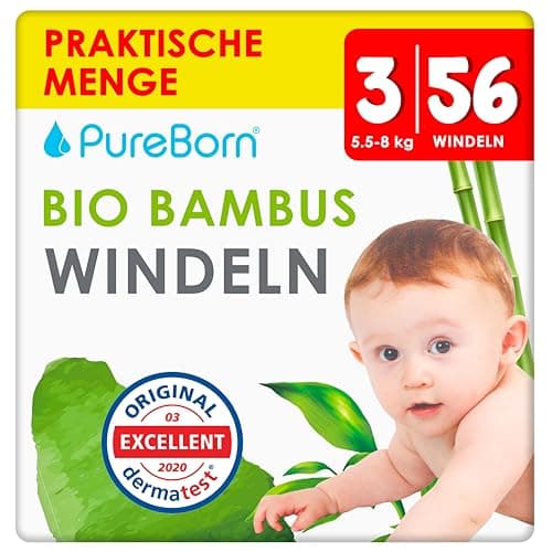 PureBorn 56 Windeln Größe 3 (5-8 kg), Ultra-Saugfähig, Hypoallergen, Weich & Sanft für Babys (4-7 Monate), Dermatologisch Getestet, Auslaufsicher, Umweltfreundlich aus Bambus