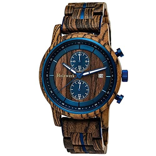 Holzwerk Germany Seeland Handgefertigte Designer Herren-Uhr - Öko Natur Holz Chronograph Armband Analog Quarz - Braun Blau Datum (Blau.Braun) Öko