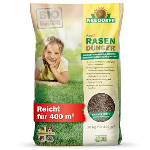 Neudorff Azet RasenDünger – Bio Rasendünger für 400 m² sorgt für eine dichte, grüne und strapazierfähige Rasenfläche mit 6 Monaten Langzeitwirkung, 20 kg Bio Öko